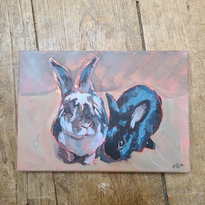Betty and Herman, acrylic painting on canvas, rabbit portrait art, 19x27cm