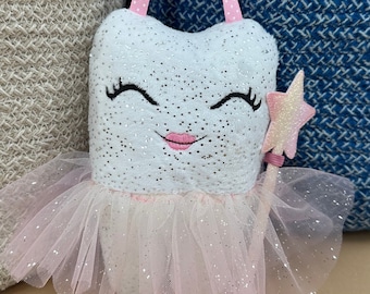 Kids Embroidered Tooth Fairy Pillow//Tooth Shaped Pillow//Fairy Princess Themed with wand//Girls Tooth Pillow//Tooth Pillow Keepsake