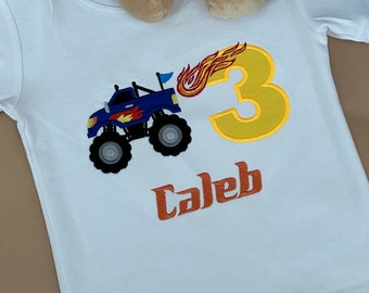 Kids Custom Embroidered Monster Truck Birthday Tshirt or Onesie//Blue Fire Truck Themed//Boys Birthday Shirt//Personalized Name & Age Number