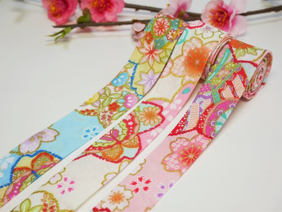 Single Folded Japanese Floral Bias Tape Pastel Color Kimono Style Bias Binding 25mm Wide Light Weight Cotton Lovely Embellishment