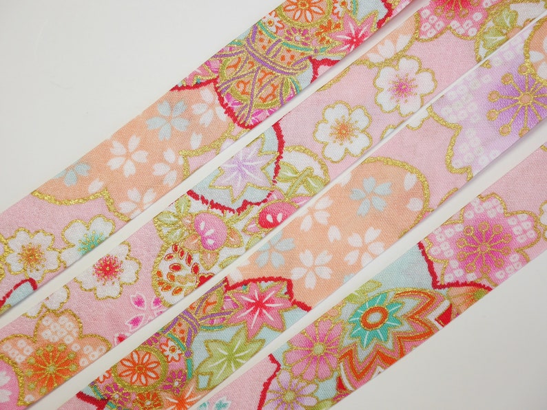 Single Folded Japanese Floral Bias Tape Pastel Color Kimono Style Bias Binding 25mm Wide Light Weight Cotton Lovely Embellishment