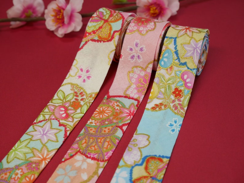 Single Folded Japanese Floral Bias Tape Pastel Color Kimono Style Bias Binding 25mm Wide Light Weight Cotton Lovely Embellishment