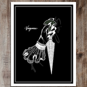 May include: A black and white illustration of a hand holding a dagger. The hand is wearing a long, flowing sleeve with a cuff. The dagger has a detailed design and a sharp point. The text "Vergeance." is written in white on a black background.
