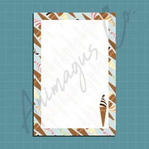 May include: A rectangular stationery sheet with a light blue border featuring colorful ice cream cones. The cones have various flavors and colors, including chocolate, vanilla, and strawberry. The background is a grid pattern. The word "imagus" is written in cursive.
