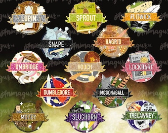 May include: A set of 12 Harry Potter themed enamel pins featuring characters and quotes from the books. The pins are round and have a glitter finish. The characters include: Lupin, Sprout, Snape, Umbridge, Hooch, Dumbledore, Moody, Slughorn, Hagrid, Flitwick, Lockhart, and McGonagall.