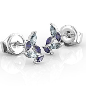 Solid Gold Cluster Stud Earrings 14k, Sapphire & Aquamarine Stud Earrings, Marquise Cut Earrings