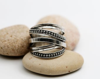 Women Silver Rings, Sterling Silver Ring, Chunky Wide Ring, Unique Statement Ring, Boho Silver  Ring, Multi Row Ring, Gift For Her