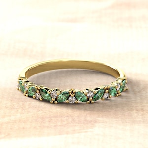 14k Gold Diamond Emerald Cluster Ring, Multi-Stone Marquise and Round Brilliant Cut Gemstones, Elegant Gift For Women