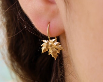 14k Gold Maple Leaf Drop Earrings, Dainty Nature Jewelry