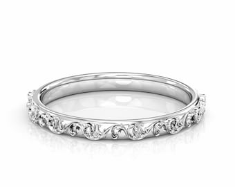 14k Solid Gold Floral Engraved Wedding Ring, Petite Band