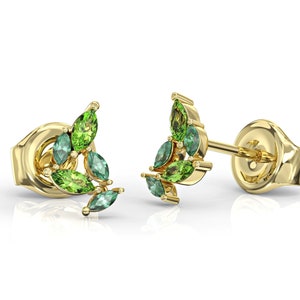 Stud Earrings In Solid 14K Gold, Natural Emerald And Peridot Cluster Earrings, Marquise Cut Earrings, 0.4 Ct