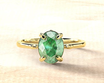 Natural Emerald Engagement Ring, Solid 14K Yellow/White/Rose, May Birthstone Ring, 1.3 Carat