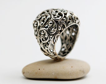Oxidized Sterling Silver Statement Ring, Baroque Leaf Ornament
