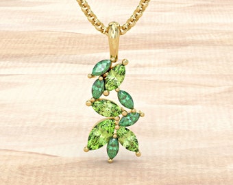 Gold Emerald Necklace, Marquise Cut Pendant