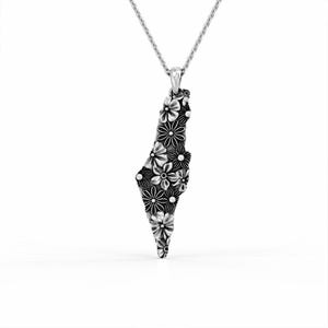 Collier motif floral carte d'Israël en argent sterling 925