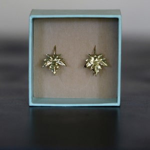 May include: A pair of gold maple leaf earrings in a light blue box.