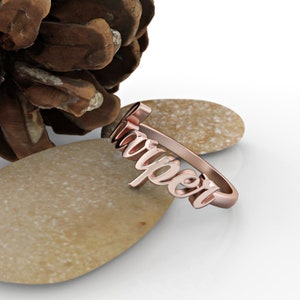 Customized Name Ring In 14k Solid Rose Gold, Cursived Letter Gold Ring, Unique Gold Statement Ring, Personalized Gift