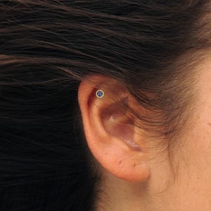 14K Solid Gold Sapphire Piercing, Minimalist Tragus Piercing, Gold Stud Piercing, Stud Ear Piercing, Safe screw nut, Helix Solid Gold