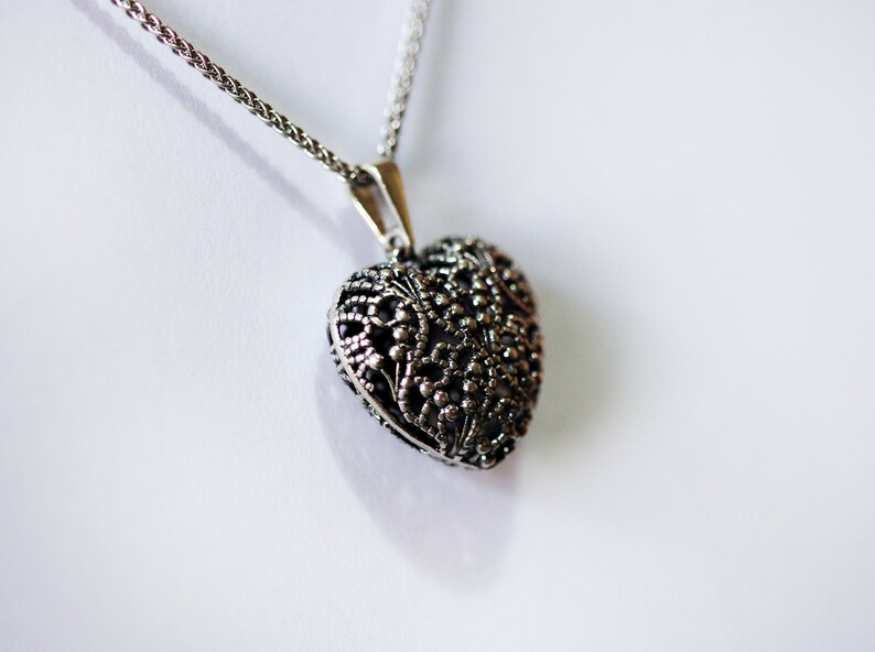 Filigree Heart Necklace Unique Necklace Necklace for Women Heart Charm,Boho Silver Jewelry Heart Pendant Sterling Silver Heart Necklace