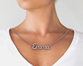 Name necklace made of 14k gold with diamonds for women, gift for her, name pendant nameplate necklace