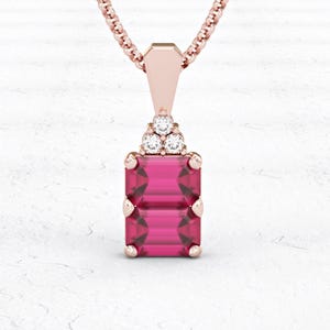 14k gold Emerald cut ruby necklace, July birthstone necklace, Red Ruby Gemstone Necklace