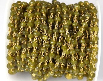 Green Tourmaline Chalcedony Beaded Rosary Chain, 24K Gold/Silver Plated