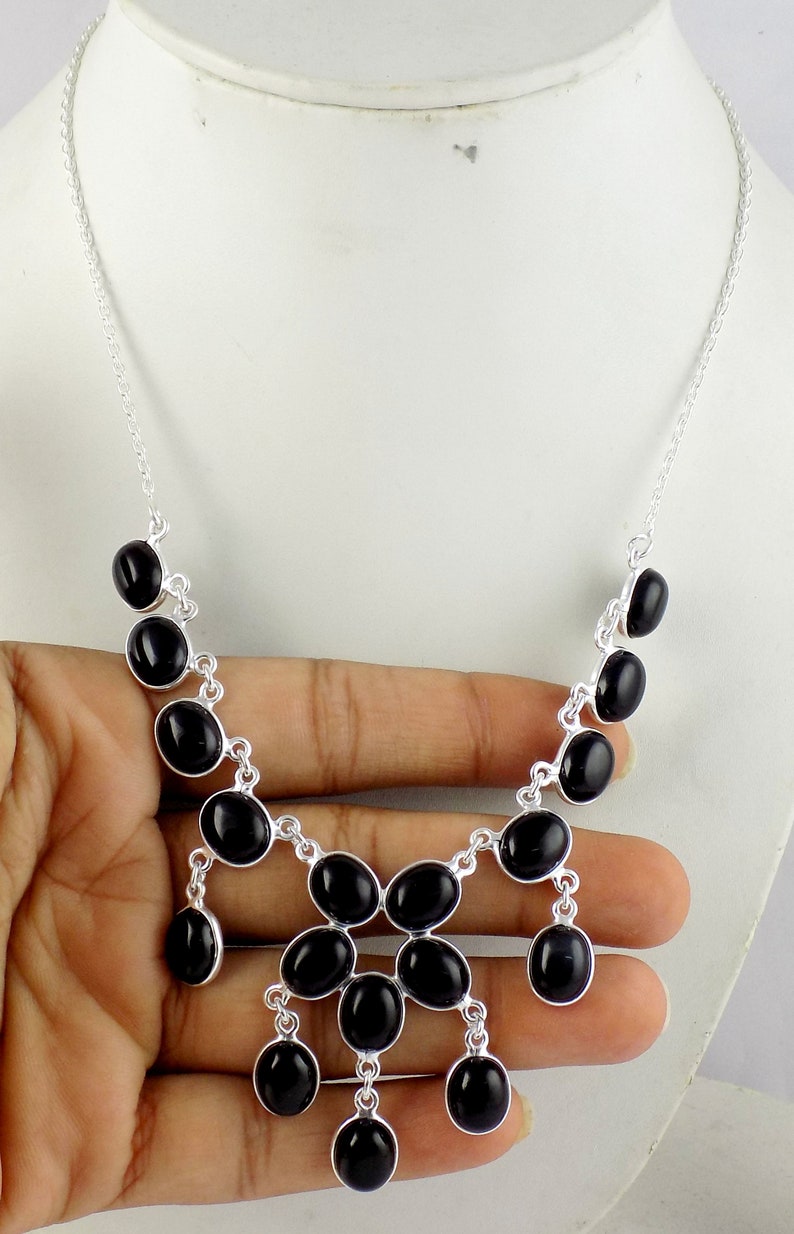Natural Women Black Onyx Gemstone Silver Necklace 20 Inch Long