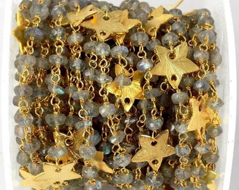 10 Feet Natural Labradorite Star Charm Beaded Chain - Wire Wrapped Chain - Faceted Rosary Beaded Chain