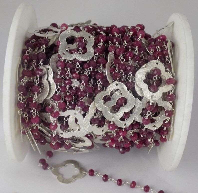 Silver Wire Chain Easter Sale 5 Feet Dyed Ruby Clover Charm Faceted 925 Silver Plated 3-3.5mm Handmade Rosary Chain