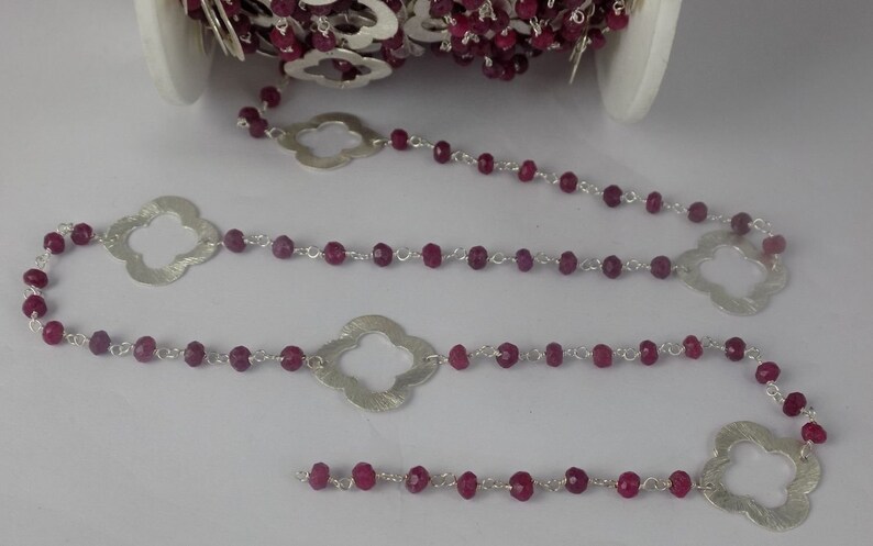 Silver Wire Chain Easter Sale 5 Feet Dyed Ruby Clover Charm Faceted 925 Silver Plated 3-3.5mm Handmade Rosary Chain