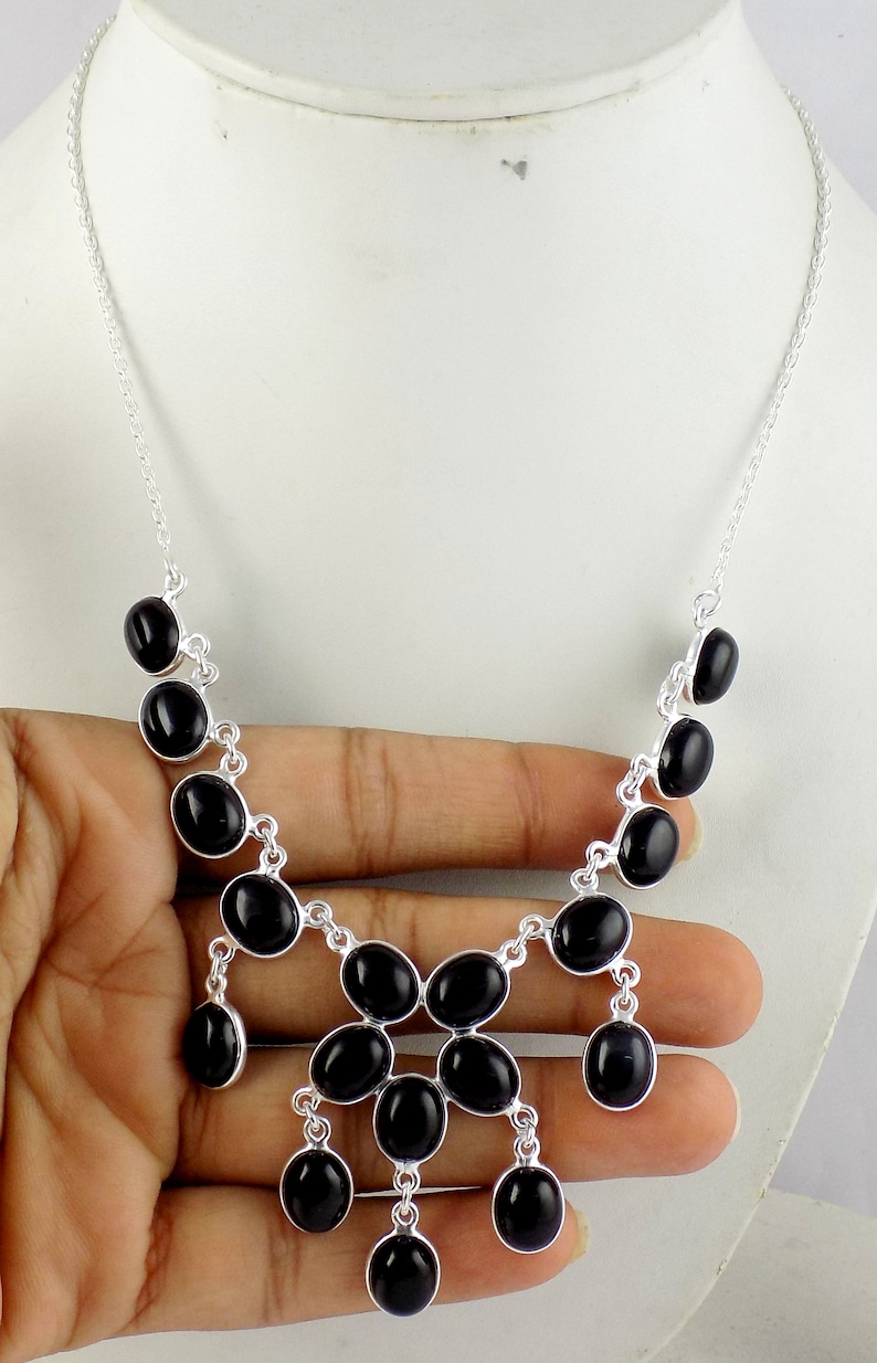 Natural Women Black Onyx Gemstone Silver Necklace 20 Inch Long