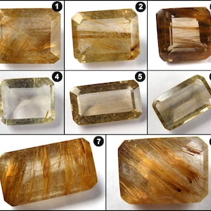 Pode incluir: Oito pedras preciosas de corte retangular com inclusões castanho-douradas. As gemas variam em clareza e cor, variando de transparente a opaco. As inclusões criam um padrão natural único dentro de cada pedra. Adequado para a fabricação de joias.