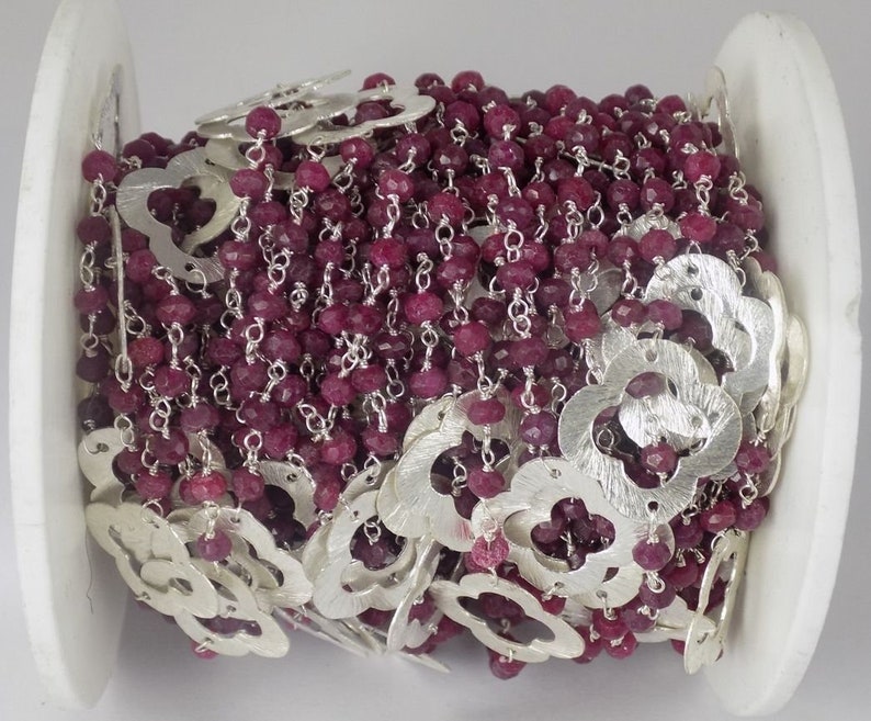 Silver Wire Chain Easter Sale 5 Feet Dyed Ruby Clover Charm Faceted 925 Silver Plated 3-3.5mm Handmade Rosary Chain