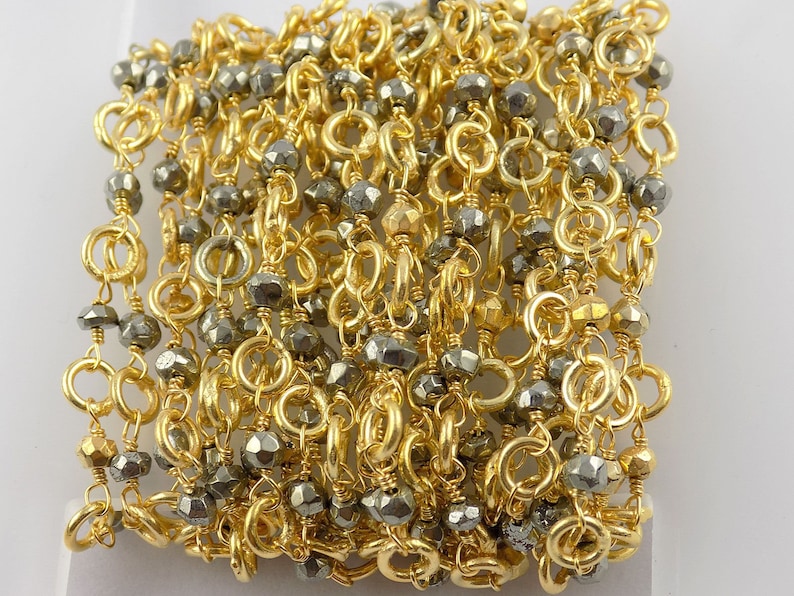 5 Feet,10 Feet Natural Pyrite Faceted Beads With 5mm Brass Ring Wire Rosary Silver /& 24k Gold Plated Rosary Beaded Chain Rosary Chain