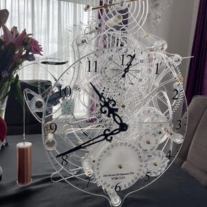 May include: A clear acrylic clock with intricate gears and a white face. The clock face has black hands and black Roman numeral markings. The clock also has a calendar feature with the months of the year and days of the week. The text on the clock reads "John Harrison H4s Remontoir 1759 M Fuller 2023".