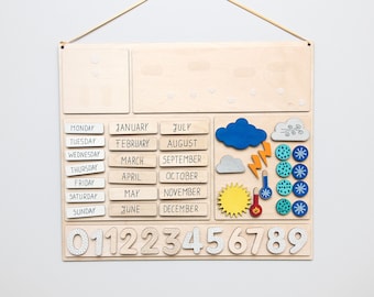 Weather calendar for kids. Wood calendar with months, days, weather cards, numbers. Natural calendar for kids room decor