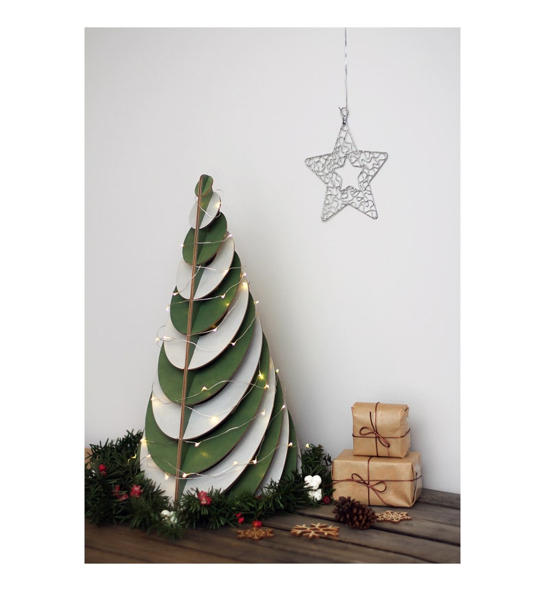 Wooden Christmas tree decoration, silver, green, modern, table top, rustic holiday home and office decoration, Scandinavian, artificial tree image 2