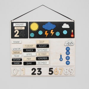 Weerkalender Montessori met mogelijkheid om uw taal te kiezen. Weerstation met maanden, weekdagen en cijfers. Speel en leer.