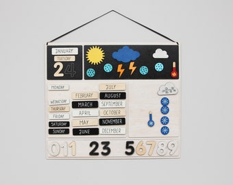 Calendario meteorológico Montessori con posibilidad de elegir tu idioma. Estación meteorológica con meses, días laborables y números. Juega y aprende.