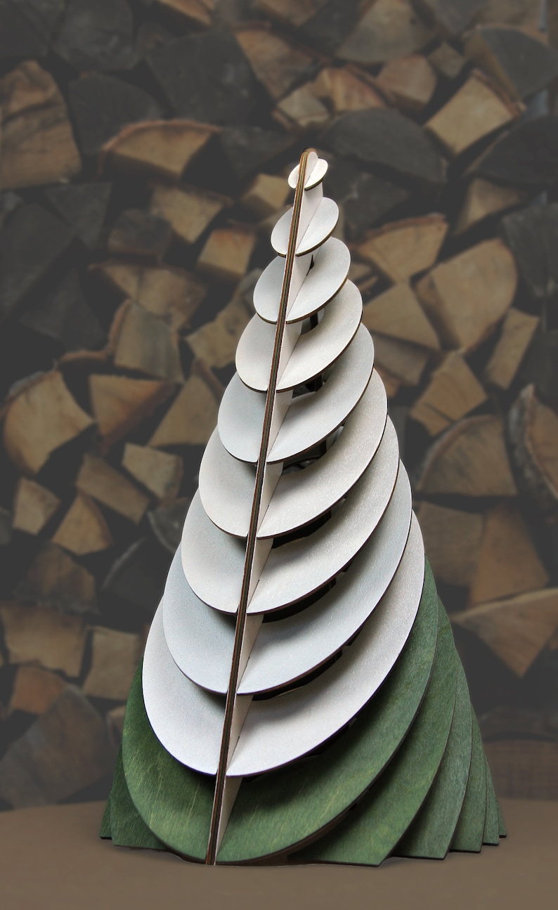 Wooden Christmas tree decoration, silver, green, modern, table top, rustic holiday home and office decoration, Scandinavian, artificial tree image 6