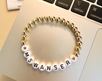 Personalized Name Bracelet • Gold Beaded Stretch Bracelet with White Letters • Teacher Gift • Handmade Jewelry.
