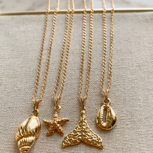 May include: Five gold-colored necklaces with different pendants: a seashell, a starfish, a mermaid tail, and a cowrie shell. The necklaces hang against a neutral-colored fabric background. The chains are delicate and the pendants are detailed.