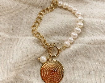 Handmade Lord’s Prayer Bracelet with Freshwater Pearls – 18K Gold Plated Christian Charm Bracelet, Faith Jewelry.