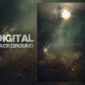 Könnte beinhalten: Ein digitales Hintergrundbild mit einer nebeligen Waldszene, in der die Sonne durch die Bäume scheint. Der Text "DIGITAL BACKGROUND" ist in der linken unteren Ecke des Bildes zu sehen.