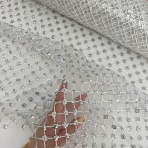 Silber Pailletten Rhombus Tüll Stoff Silber Pailletten Tüll Stoff Pailletten Tüll Raute Tüll Ivory Tüll Stoff mit Pailletten Raute