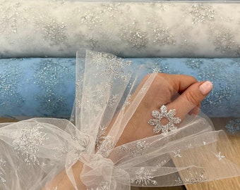 White SNOWFLAKES tulle fabric Glitter Tulle fabric Christmas tulle Tulle fabric by yard White Soft Snowflakes tulle fabric Blue Tulle Fabric