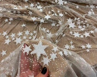 Tul de novia con purpurina color marfil y estrellas Tejido de tul para novias con estrellas brillantes Tejido de tul brillante Tejido de tul blanco Encaje de novia con estrellas