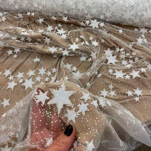 Wedding Ivory Glitter Tulle with stars Bridal Tulle fabric with glitter star Sparkle Tulle Fabric White tulle fabric Wedding Lace with stars