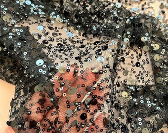Black Sequins Tulle Glam Glitters Sequins Fabric Sequins on Mesh Fabric Sequins by the Yard Fabrics by meter Shimmer Sequin Fabric