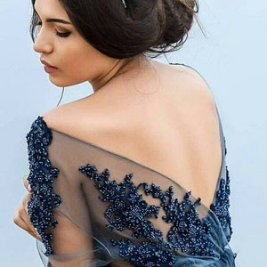 Blue Guipure with beads- Guipure Lace - Wedding guipure - Lace embroidery fabric flowers - Navy guipure lace fabric - Wedding fabric image 3